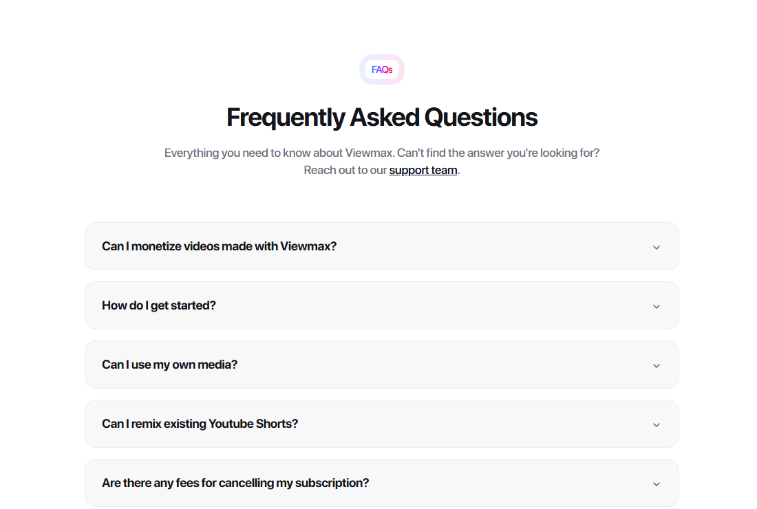Official Viewmax homepage screenshot showing the FAQ section