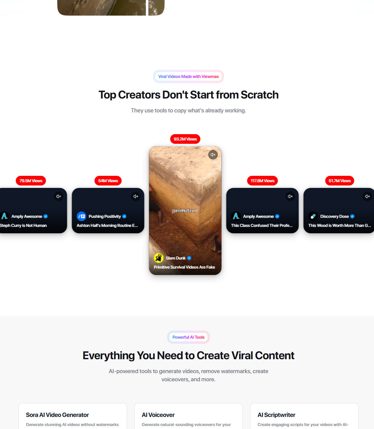 Viewmax homepage screenshot showing creator examples and feature cards