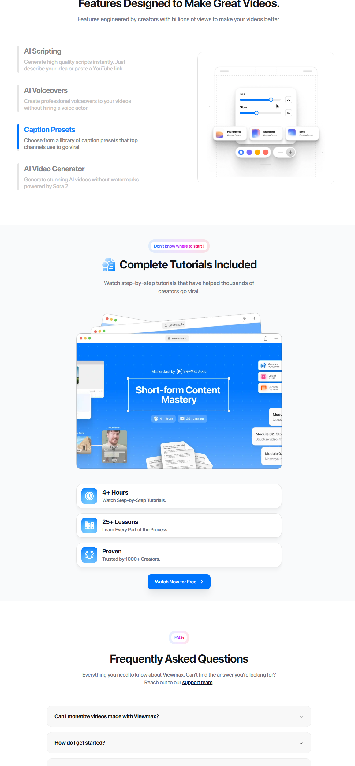 Viewmax homepage screenshot showing tutorials, tools, and FAQ sections