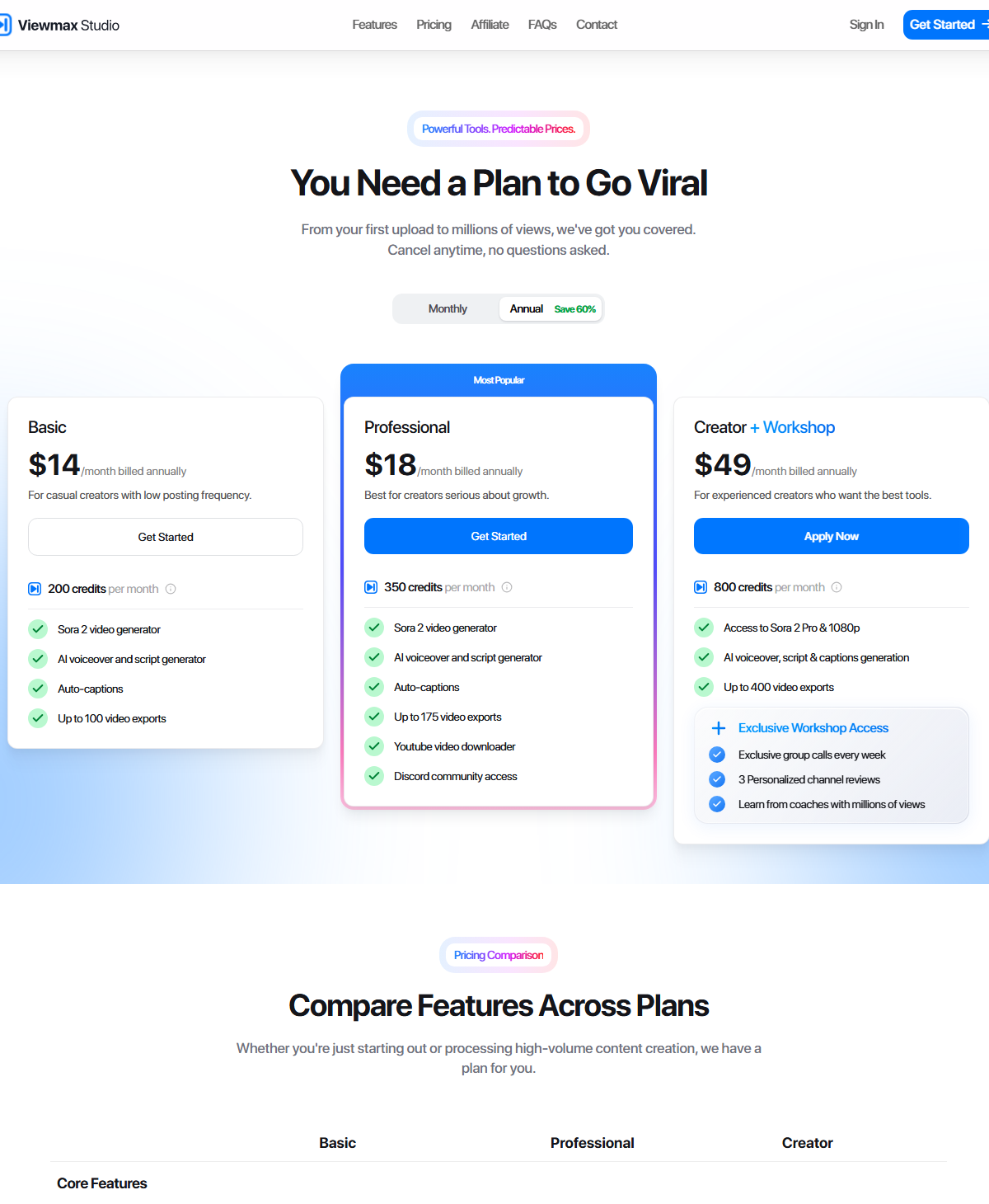 Official Viewmax pricing page screenshot showing plan cards and feature comparison